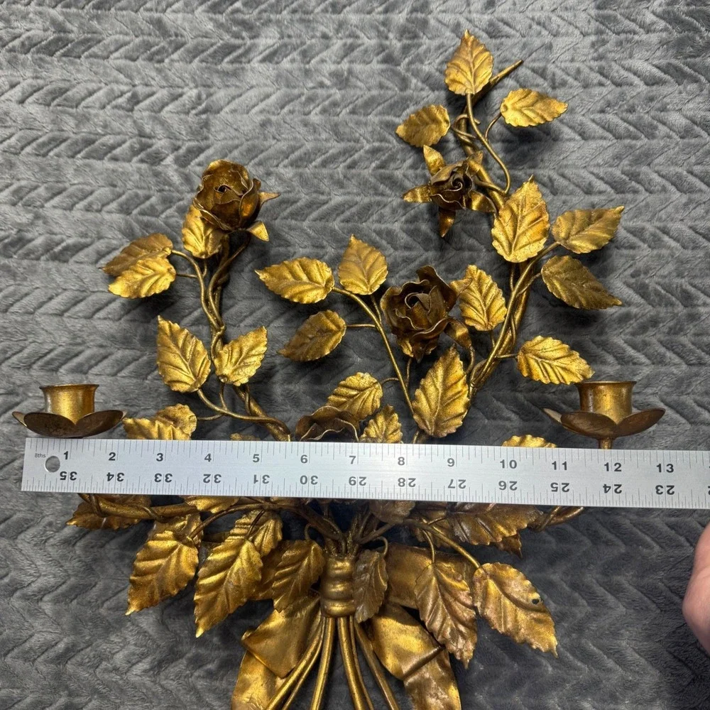 Vintage Gold Gilt Metal Rose Bouquet Wall Sconce Double Candle Holder Florentine